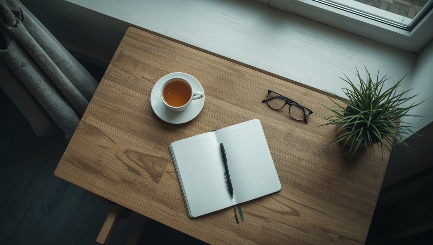Schreibtisch mit Notizbuch, Tee und Brille — symbolisches Bild für Selbstreflexion und professionelle Selbstfürsorge